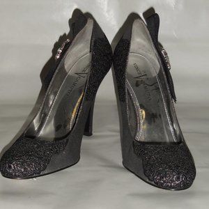 Vince Camuto Black Silver Satin High Heels Bow Accent Slip on - Size 6